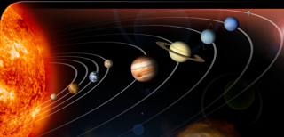 The solar system's Planets and the sun, with the planets aligned and the sun on the far left. The planets' orbit paths are show by translucent grey lines.