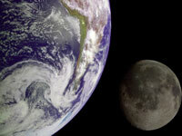 The Earth can be seen very close up. The moon is close by, and slightly transparent.